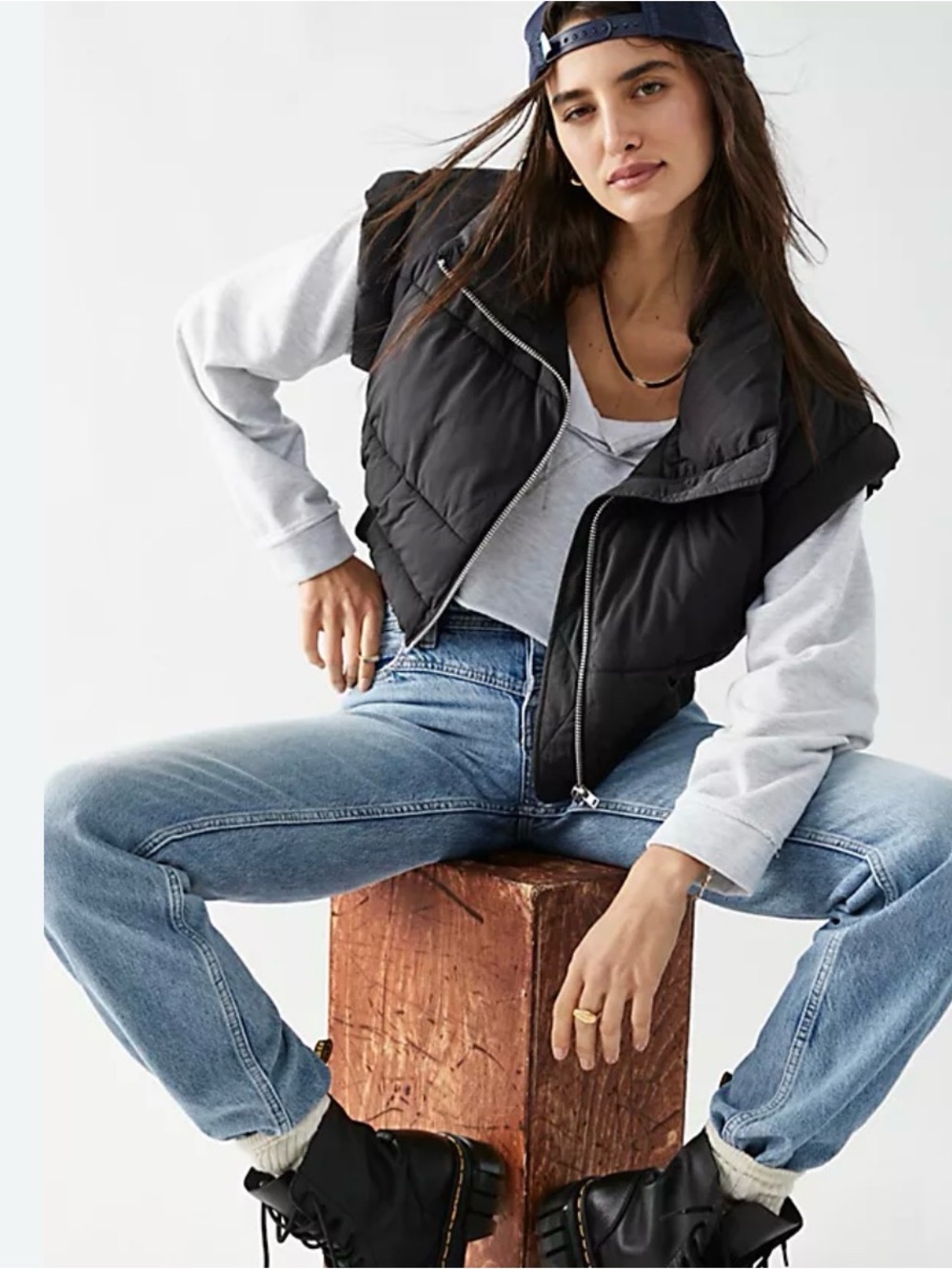 Free People Black Quilted Puffer Vest - Sleeveless Zip-Up